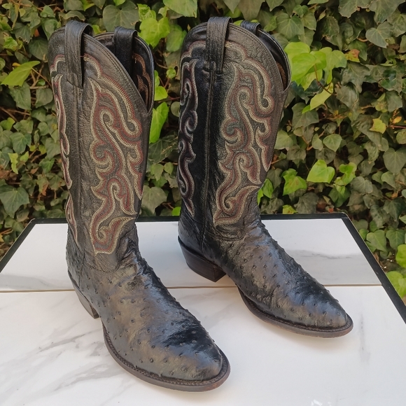 Nocona Full Quill Ostrich Western Boots Size 9.5 D Black/Red - Picture 3 of 12